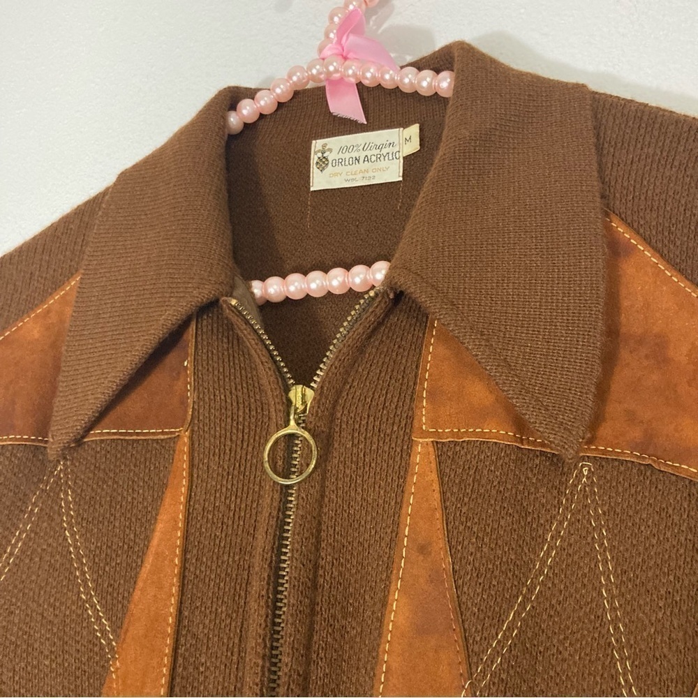 Vintage brown diamond virgin Orlon acrylic zip up cardigan size M - Picture 3 of 16